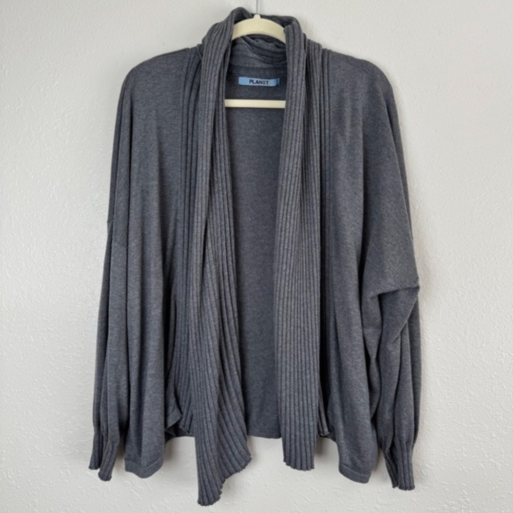 Planet gray open cardigan ribbed neck long sleeve Cascade OSFA